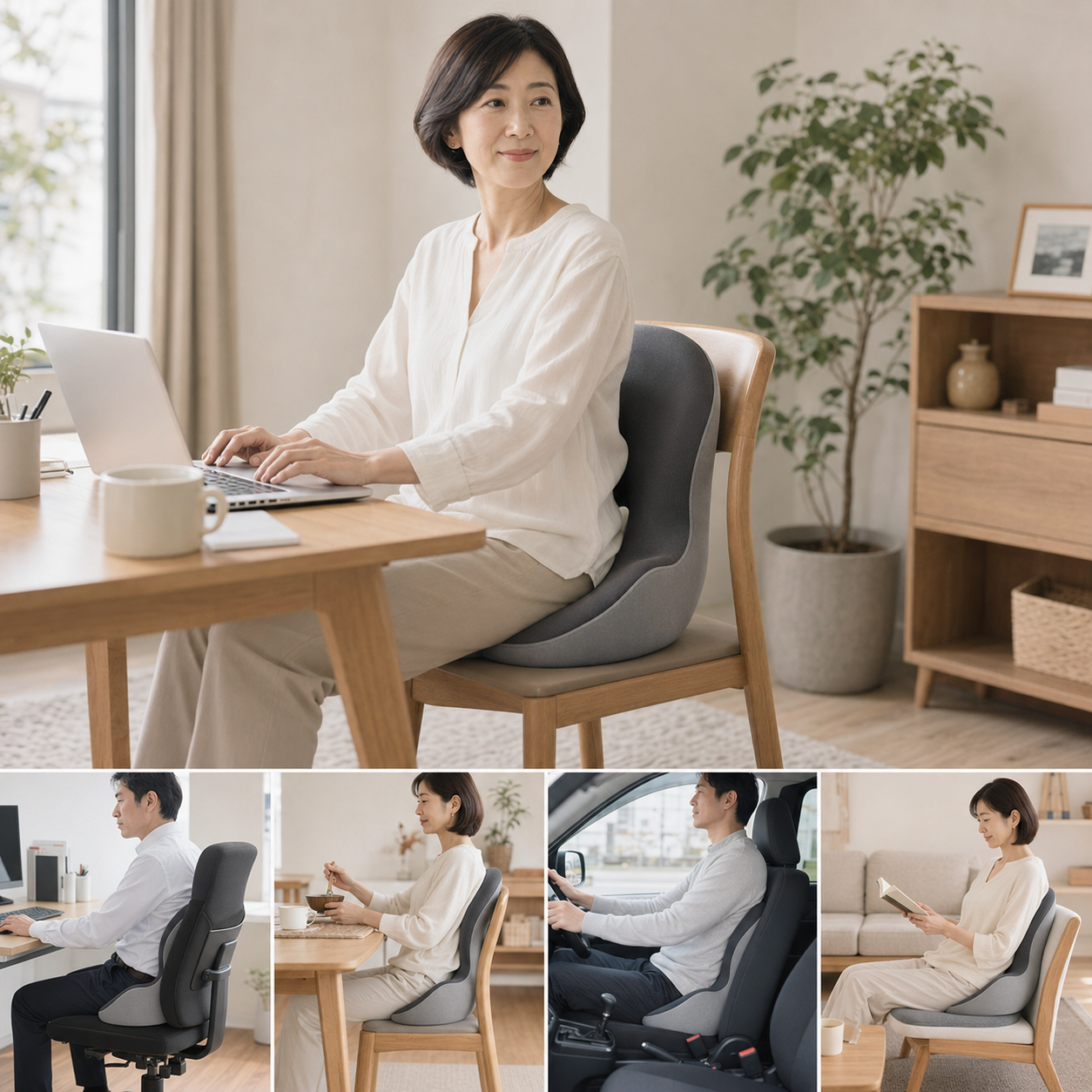 Ergo Balance を椅子に置いて座っているところ